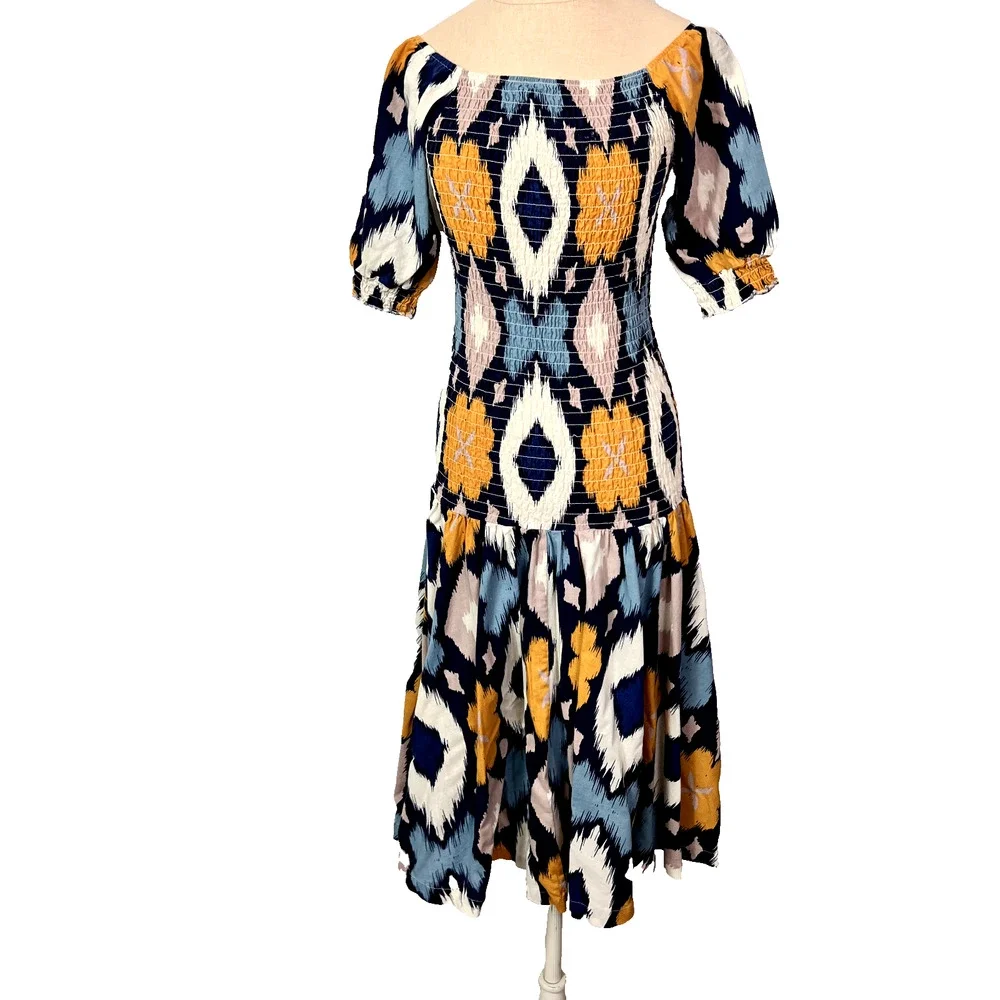Midnight Velvet Dress Women M Blue Geometric Summer Vacation Cruise Smocked Midi